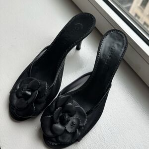 ***ISO*** PLEASE READ CHANEL Black Camellia Peep-Toe Mule Heels Size 39